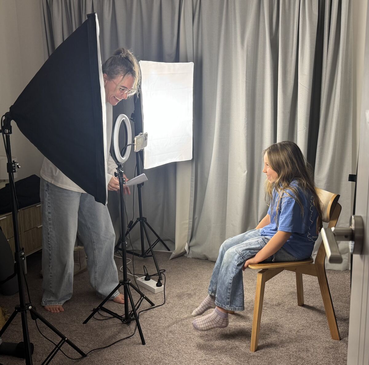 Rebecca McFadzien filming a self-tape session with a young client
